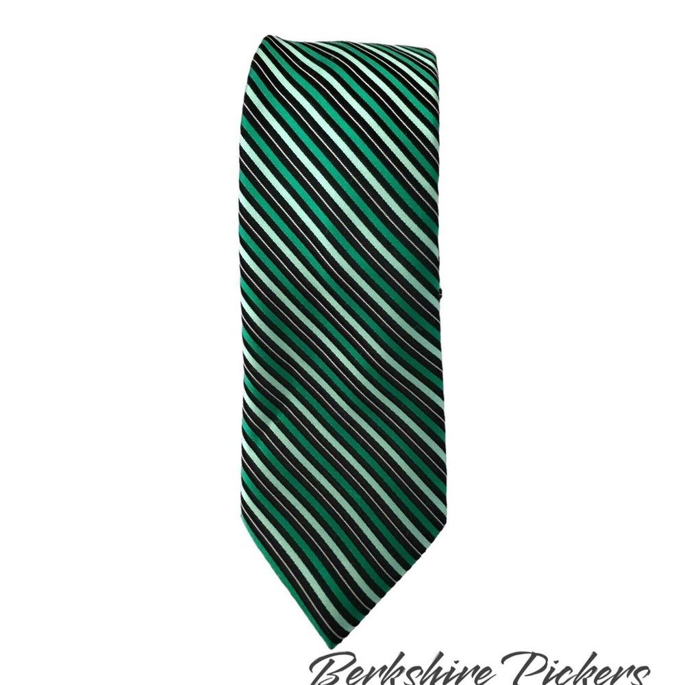 JF J Ferrar Mens Necktie Hand made Poly Green Shades Silver Mauve White Diagonal